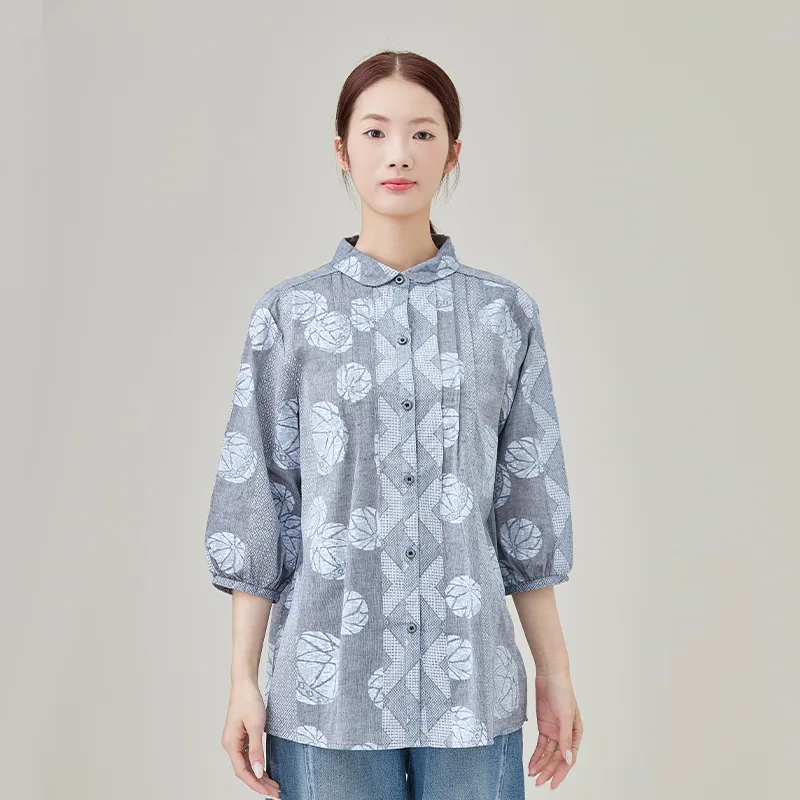 Женская льняная и хлопковая рубашка, ткань с набивным рисунком, окрашенная в пряже.3