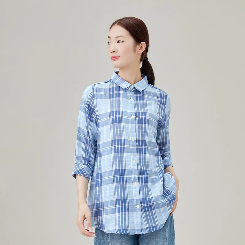 Женская рубашка из 100% хлопка, двухслойная марлевая ткань, окрашенная в пряже.1