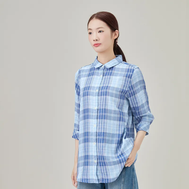 Женская рубашка из 100% хлопка, двухслойная марлевая ткань, окрашенная в пряже.3