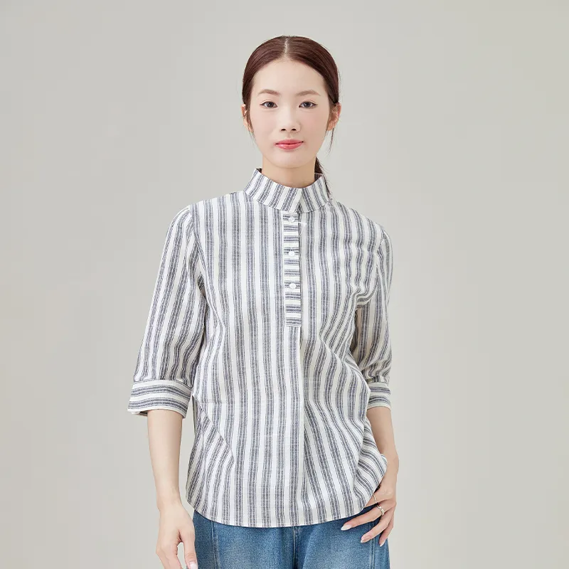 Женская рубашка из 100% хлопка, окрашенная в пряже, в полоску.2