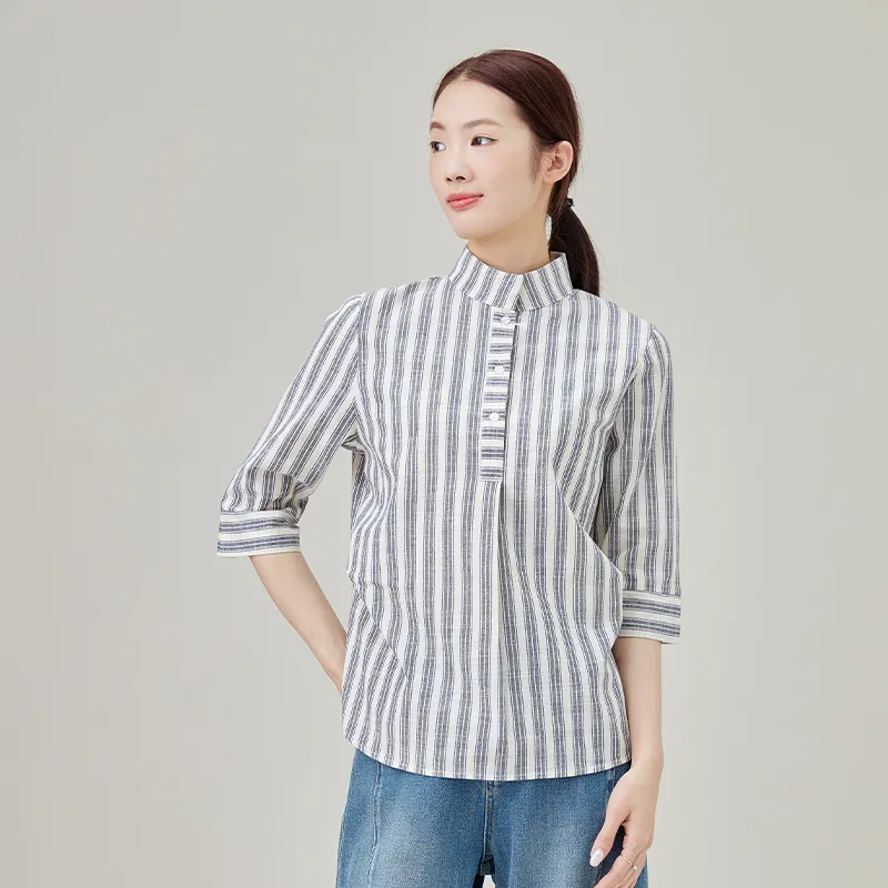 Женская рубашка из 100% хлопка, окрашенная в пряже, в полоску.3