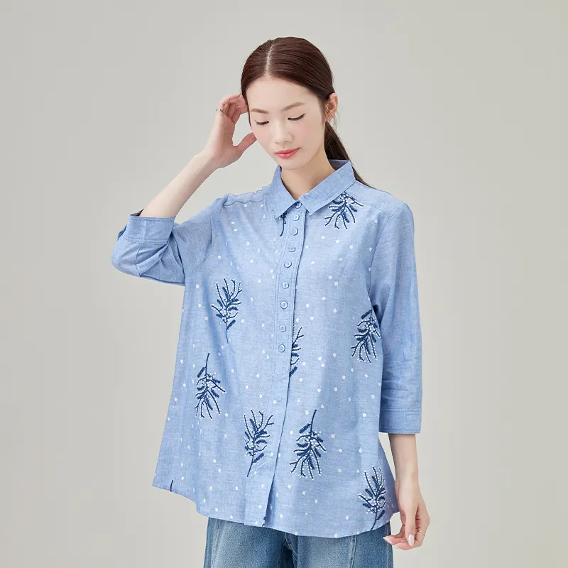 Женская рубашка из 100% хлопка, окрашенная в пряже, с вышивкой.2