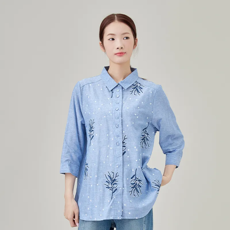 Женская рубашка из 100% хлопка, окрашенная в пряже, с вышивкой.3