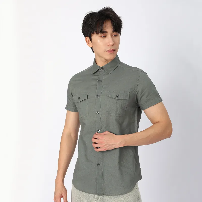 Рубашка из льна и хлопка с коротким рукавом, окрашенная ткань.3