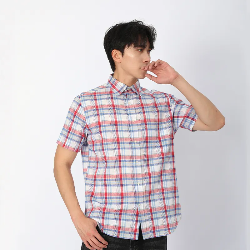 Рубашка из льна и хлопка с коротким рукавом, ткань, окрашенная в пряже.2