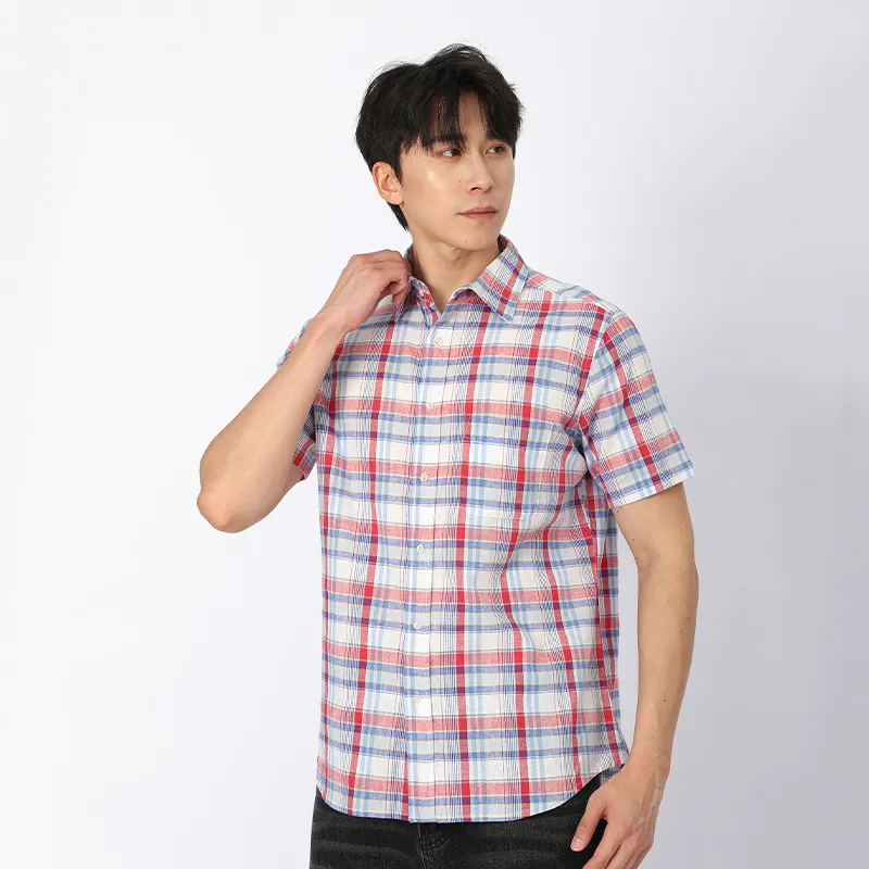 Рубашка из льна и хлопка с коротким рукавом, ткань, окрашенная в пряже.3