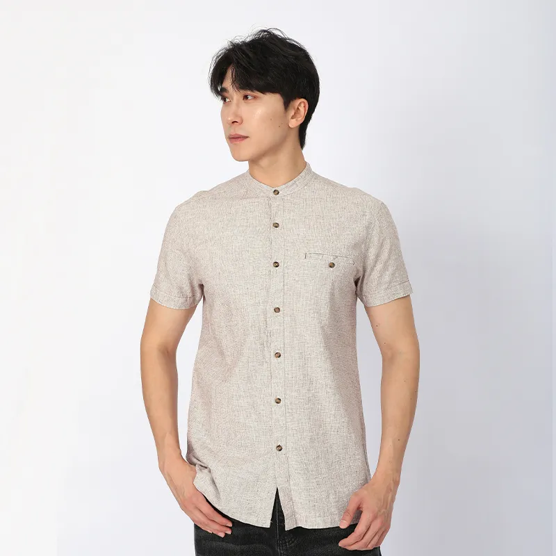 Рубашка из льна и хлопка с коротким рукавом, ткань, окрашенная в пряже.e-2