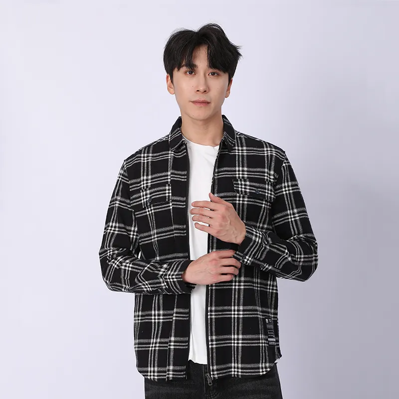 Рубашка с длинным рукавом из 100% хлопка, флисовая ткань, окрашенная в пряже.c-3