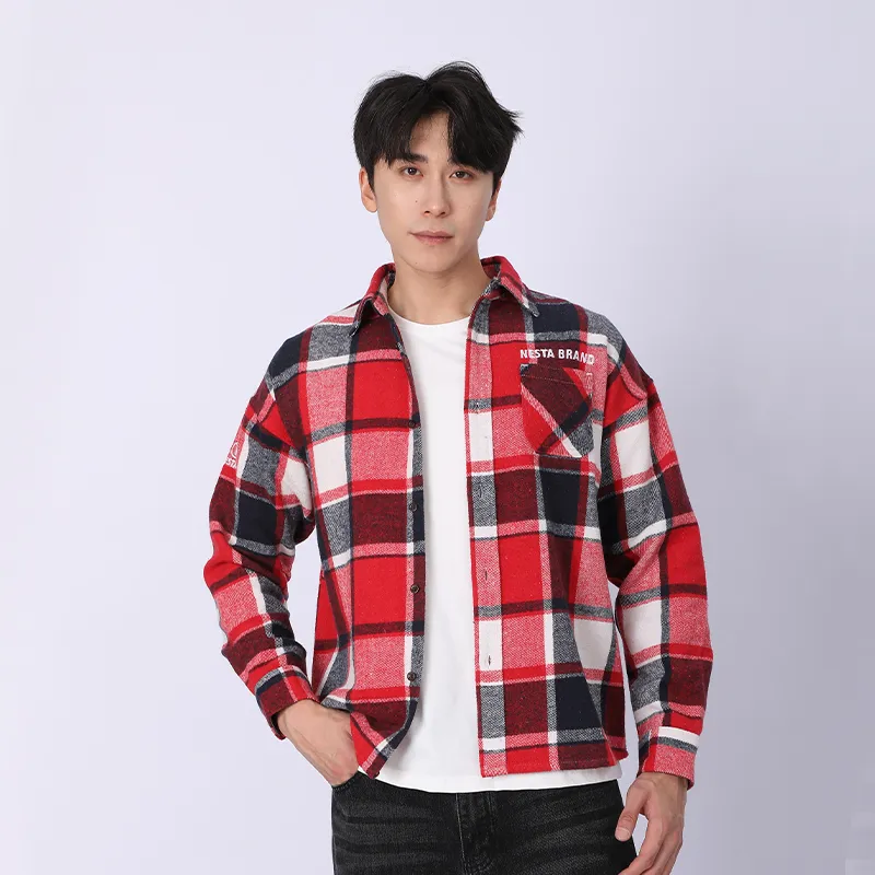 Рубашка с длинным рукавом из 100% хлопка, флисовая ткань, окрашенная в пряже.d-2