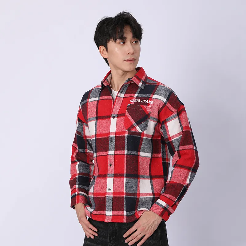 Рубашка с длинным рукавом из 100% хлопка, флисовая ткань, окрашенная в пряже.d-3